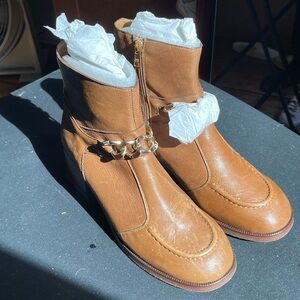 See By Chloe Brown Ankle Boots with Gold Chain